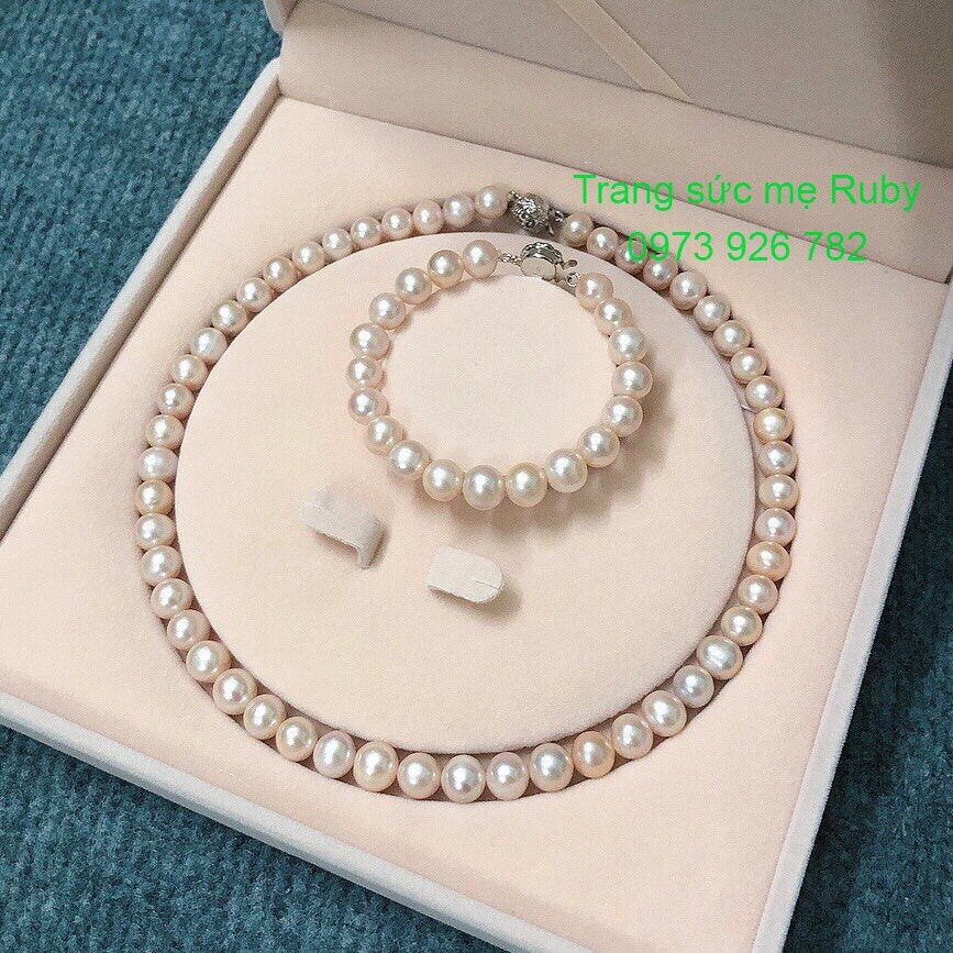 Bộ trang sức ngọc trai nuôi nước ngọt tự nhiên, hạt bóng đẹp ko tì, size 8ly màu Hồng chuẩn 2A