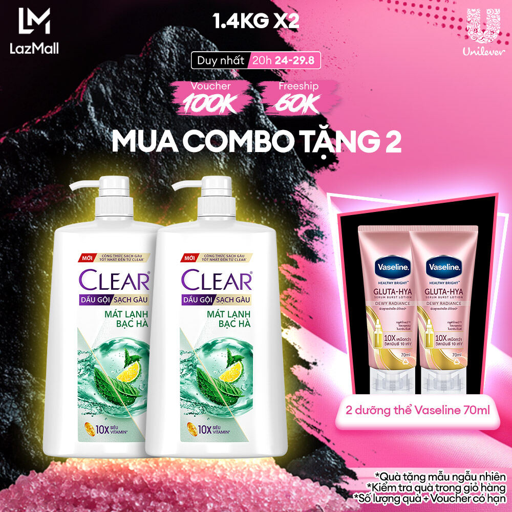 Combo 2 dầu gội clear bạc hà dầu gội sạch gàu mát lạnh với 3x sức mạnh đánh bay gàu, ngứa và vi khuẩn 1.4kg