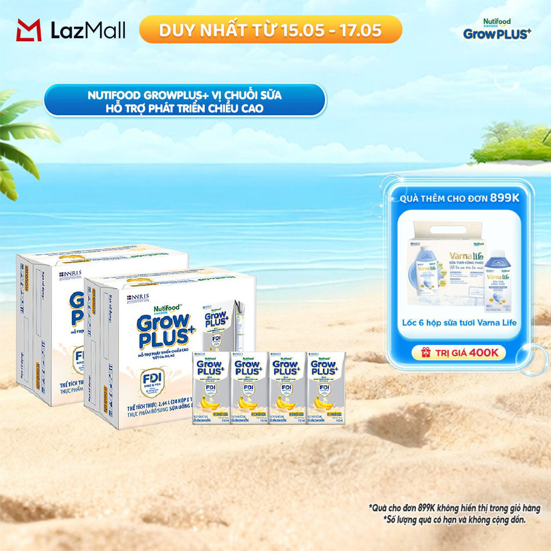Combo 2 Thùng 24 hộp Sữa bột pha sẵn Nutifood Sweden GrowPLUS+ Vị Chuối Sữa hộp 110ml - Hỗ trợ phát triển chiều cao