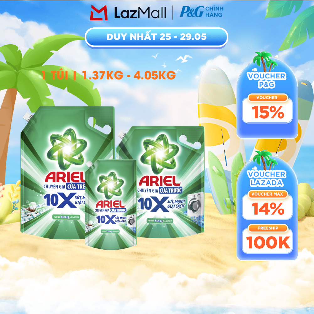 Nước Giặt Gel ARIEL 10X Sức Mạnh Giặt Sạch Chuyên Gia Cửa Trước - Cửa Trên Hương Downy Nắng Sớm Túi 1.37-4.05KG