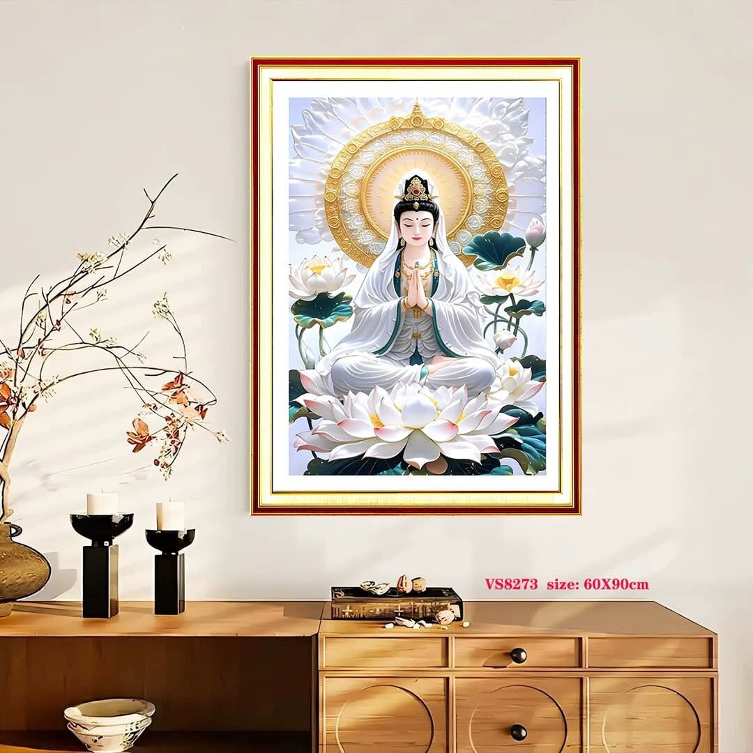 Tặng kéo + xỏ chỉ - Tranh thêu chữ thập Phật quan âm KT: 60x90cm_VS8273_chưa thêu