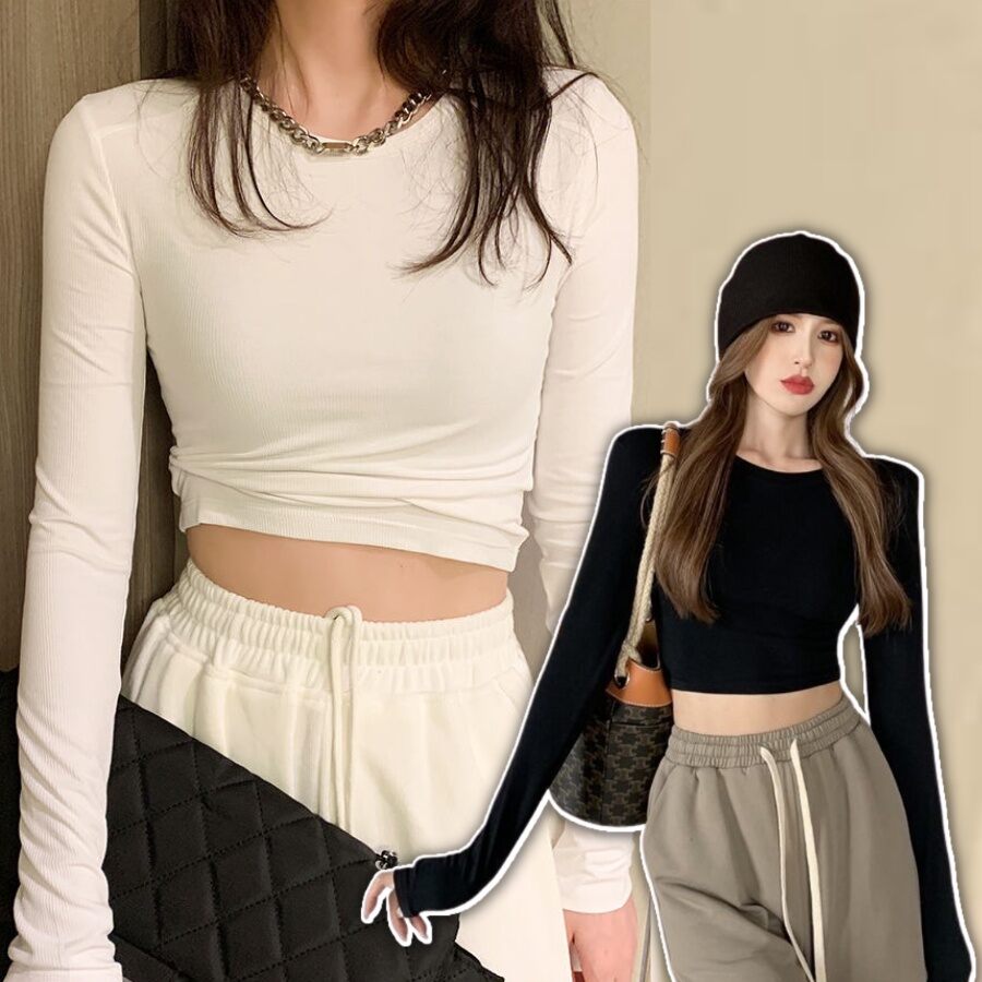 Áo croptop cổ tròn cao tay dài