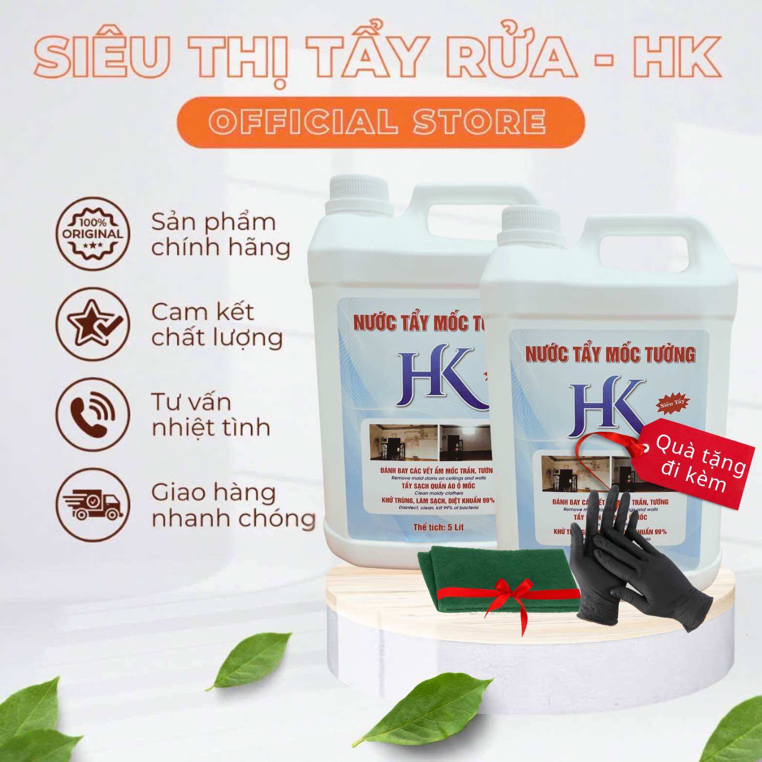 Combo 2 can Nước Tẩy Mốc Tường Hk 5Lít - tẩy mốc trần tường , quần áo tặng 2 miếng trà + 1 đôi gang tay