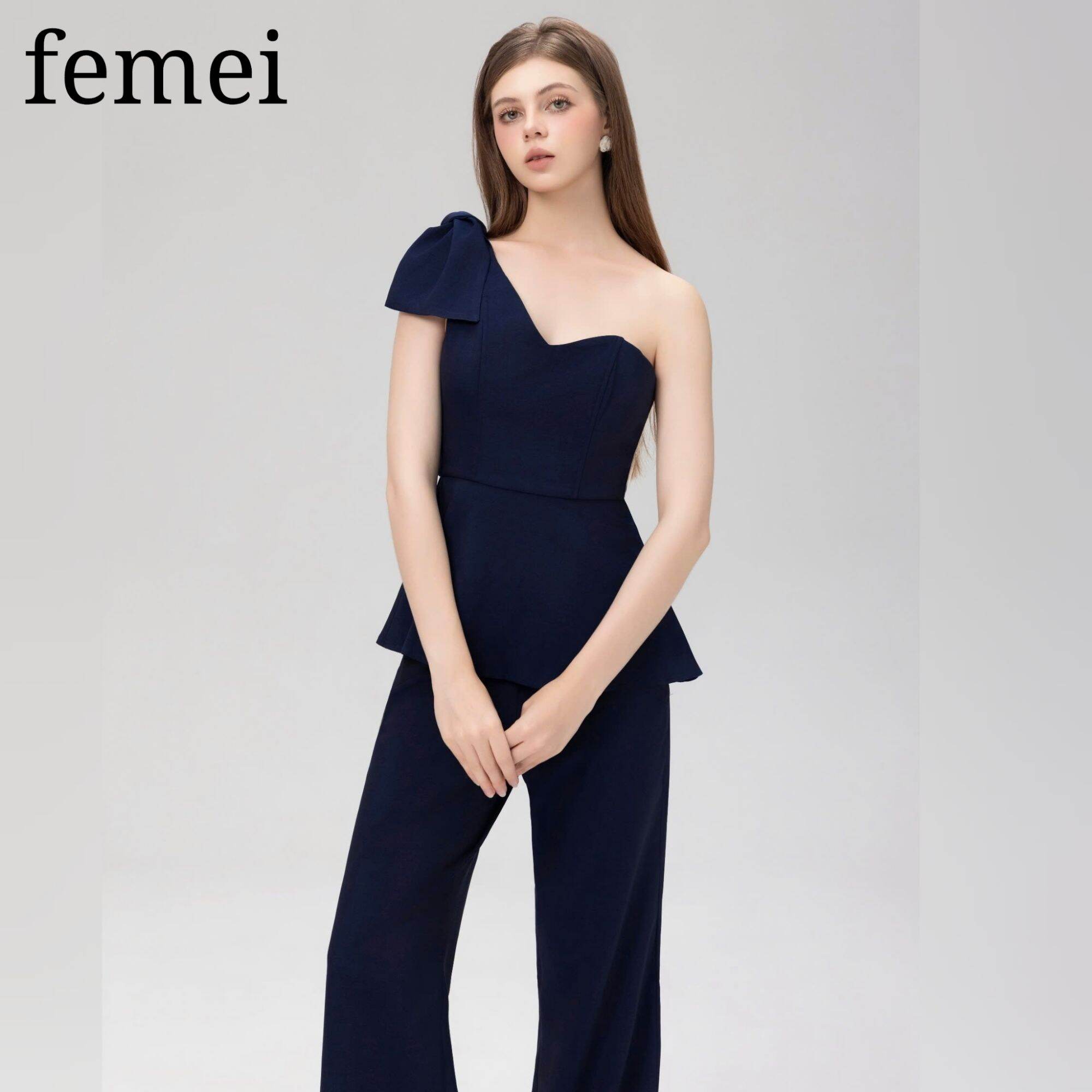 femei Áo Peplum Lệch Vai/Hở Vai Trái - Quần Tây Nữ Suông Dài Cạp Cao