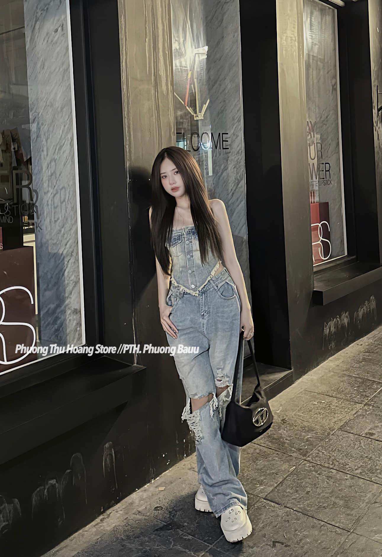Áo kiểu nữ quây jeans vạt chéo kh