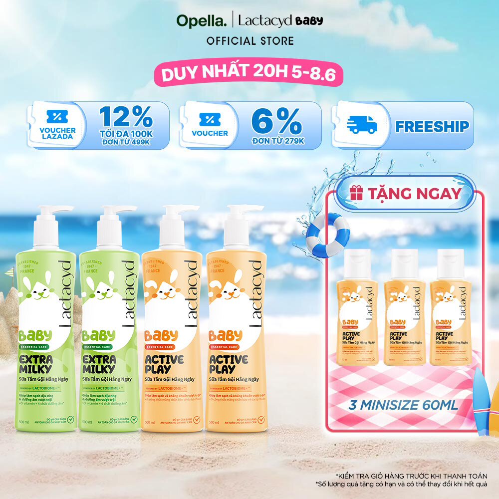 Bộ 2 Chai Sữa Tắm Gội Trẻ em Lactacyd Baby Active Play 500ml +2 Chai Lactacyd Baby Extra Milky 500ml
