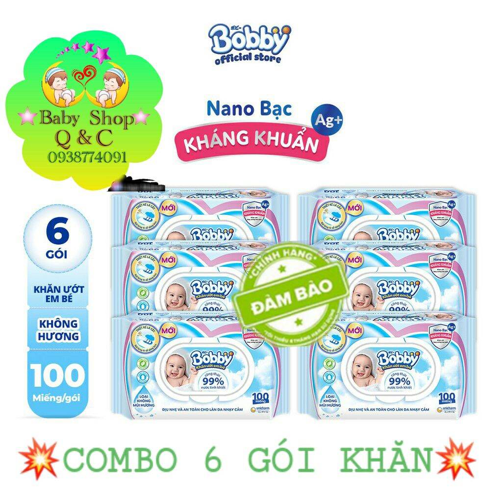 [HCM]??COMBO 6 KHĂN ƯỚT BOBBY 100 TỜ LOẠI KHÔNG MÙI MÀU XANH