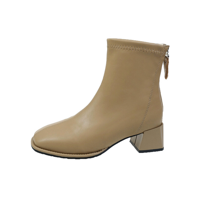 Giày Bốt Martin Nữ Cao Gót Vuông Mũi Giày Boot Cổ Ngắn 2023 Mùa Thu Đông Hàng Mới Về Phong Cách Pháp