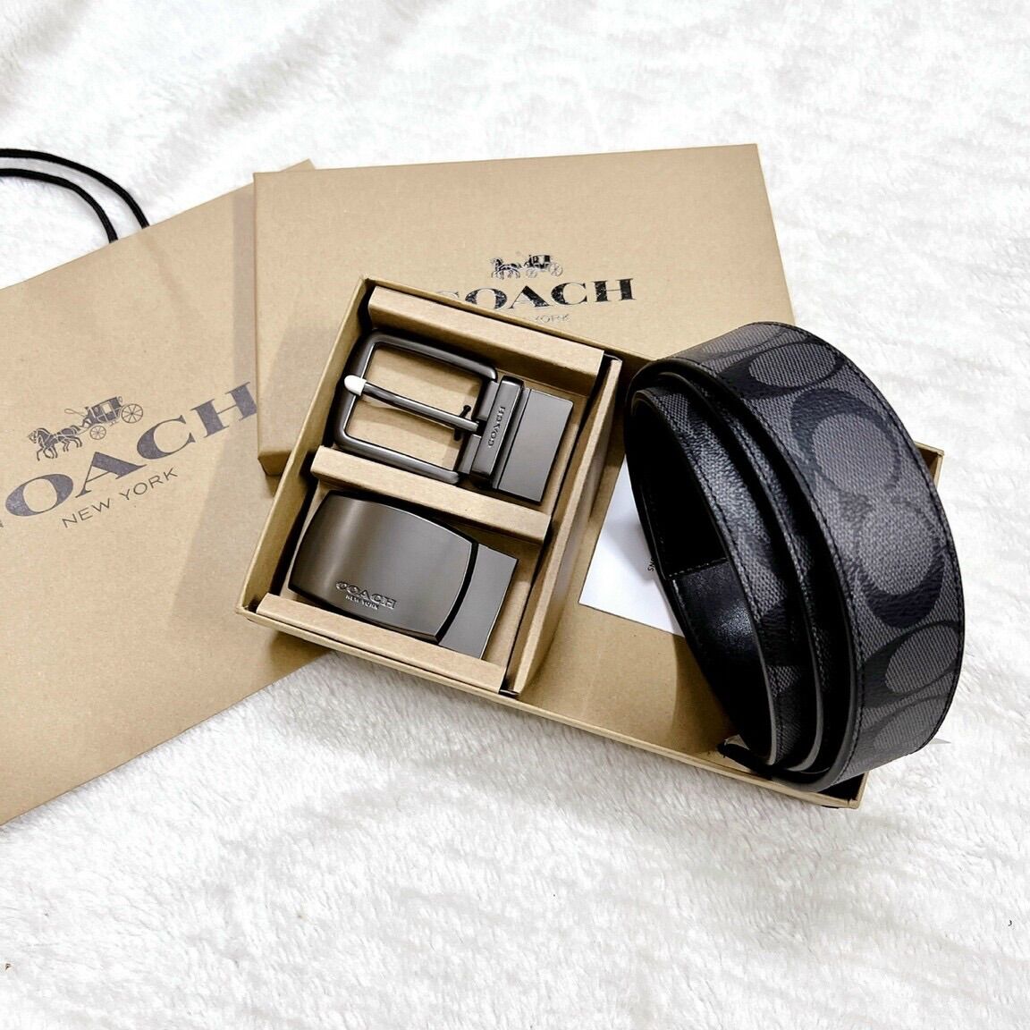 Set thắt lưng nam Coach hàng đẹp, chất da thật pha canvas dày dặn full box