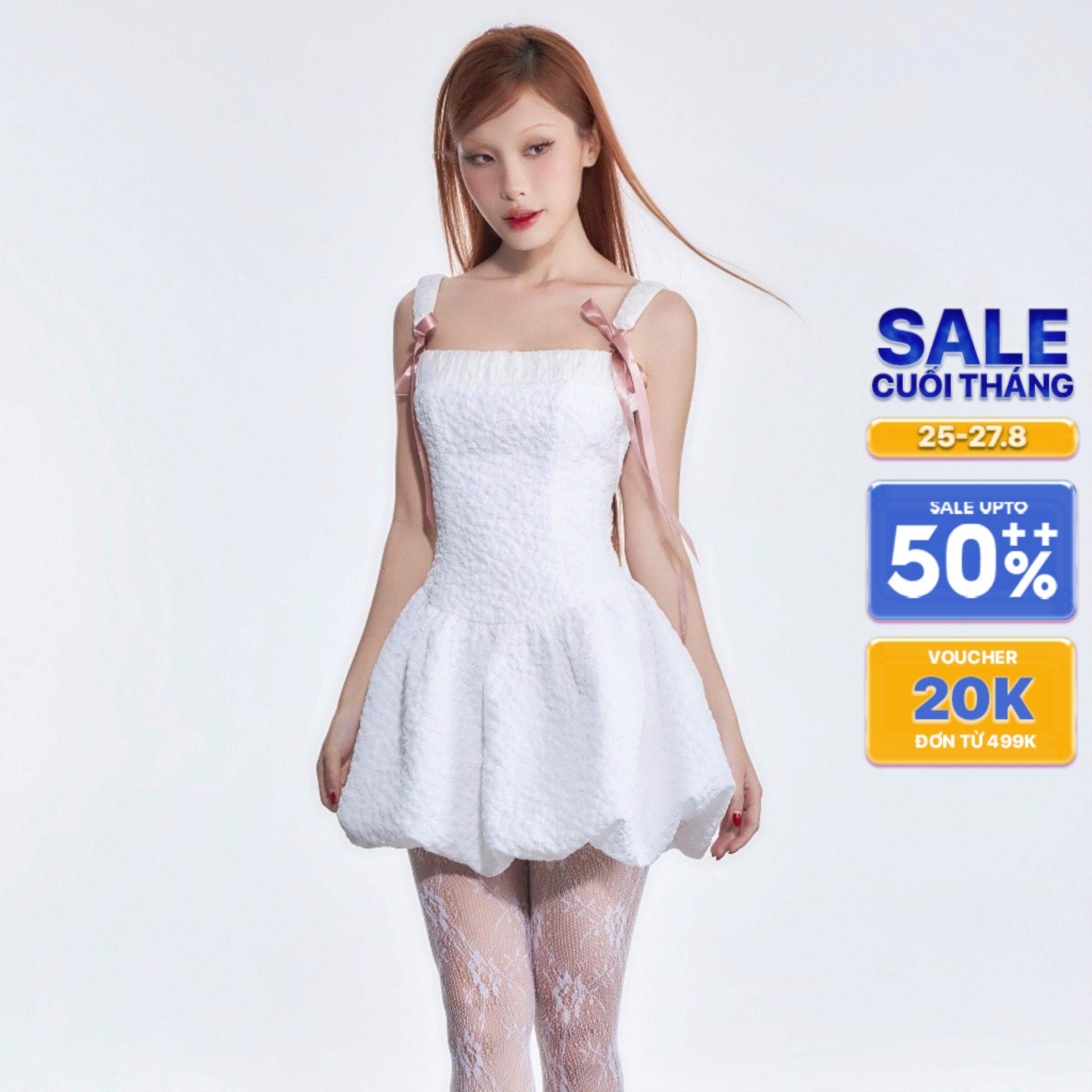 CARA Đầm nữ hai dây dáng bí Audrey buộc thắt nơ chất gấm nổi nữ tính