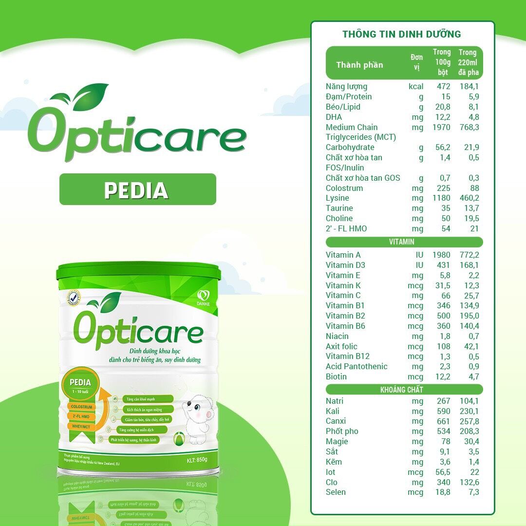 Sữa opticare pedia 850g giúp trẻ tăng cân hết bón