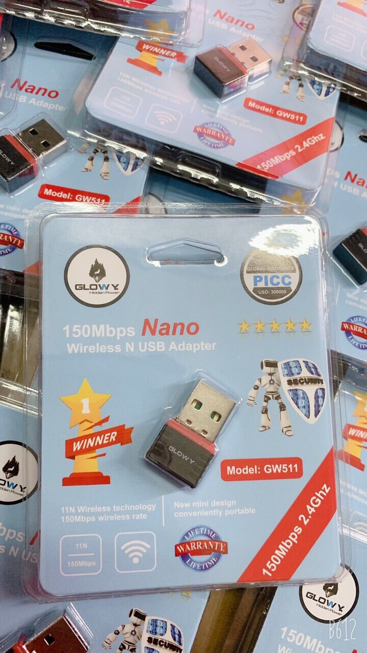 Bộ Đầu USB Thu Bắt Sóng Wifi Không Dây Cho Máy Tính Bàn Laptop PC Glowy USB Nano 2.4Ghz 801 N 150Mgbs GW511