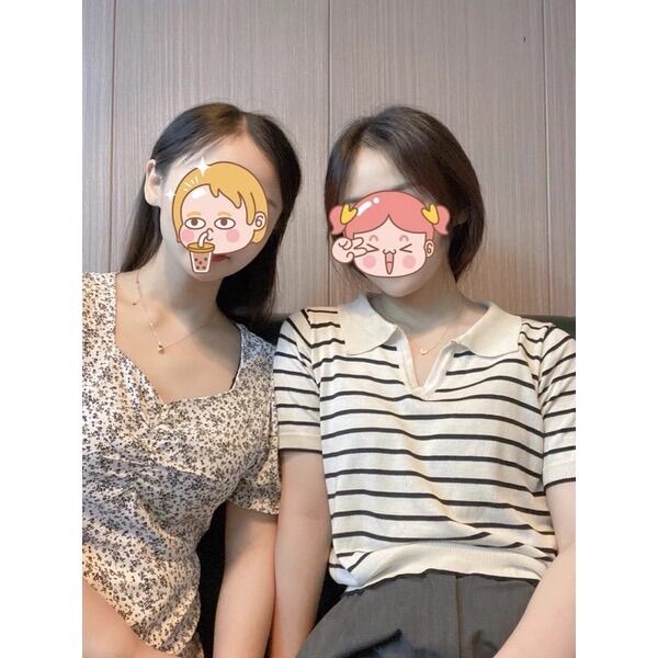 Áo thun ngắn tay cô bẻ kẻ sọc