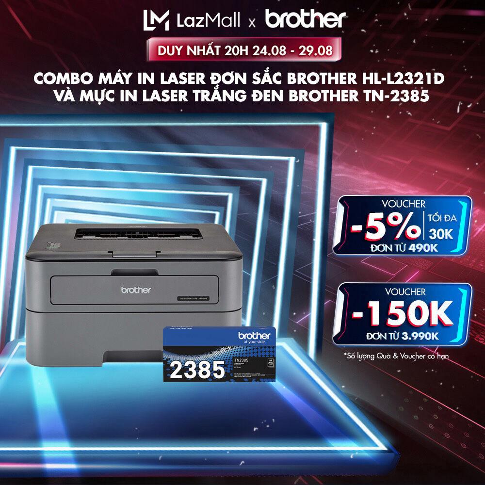 Combo máy in laser đơn sắc brother hl-l2321d và mực in laser trắng đen brother tn-2385