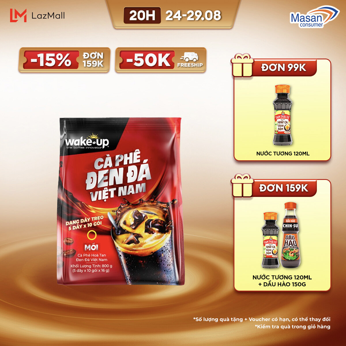 Wake-up cà phê hòa tan đen đá việt nam - túi 50 gói x 16g