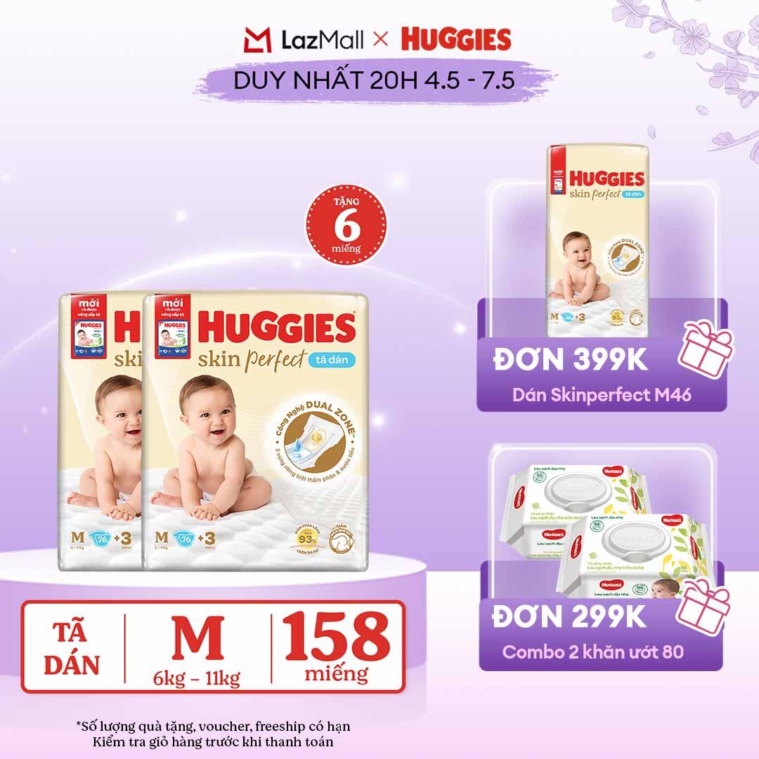 [CHỈ 20h 04-07.05 QUÀ TẶNG ĐƠN 0Đ]  [Tặng thêm 6 miếng tã]  Combo 2 Tã dán Huggies Skin Perfect Super Jumbo M76 miếng