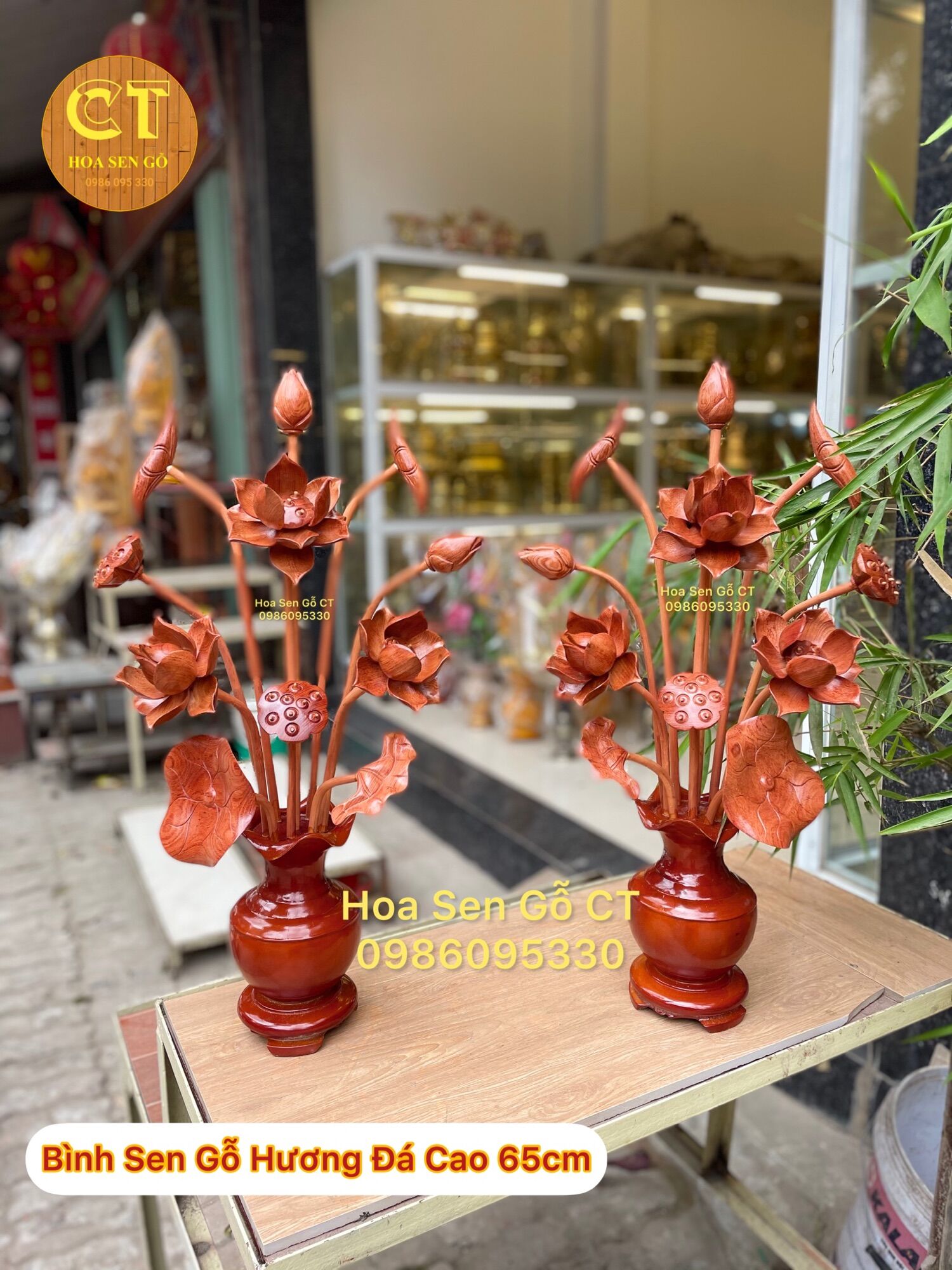 Bình sen gỗ hương đá cao 65cm