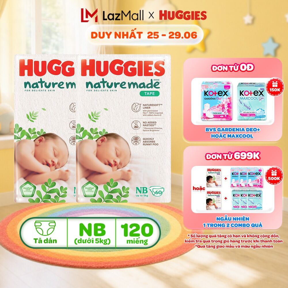 Combo 2 Tã/Bỉm dán Huggies NatureMade NB60/S82/M64/L54/XL44