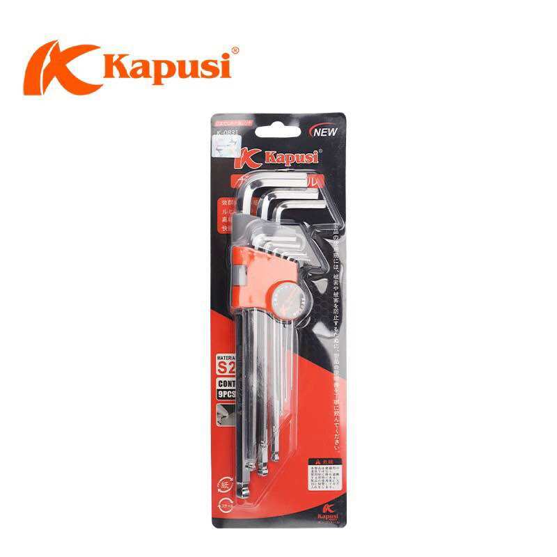 Bộ lục giác đầu bi hãng kapusi nhật bản 9 cây chữ l 1.5-10mm, chất liệu thép cr-v6150