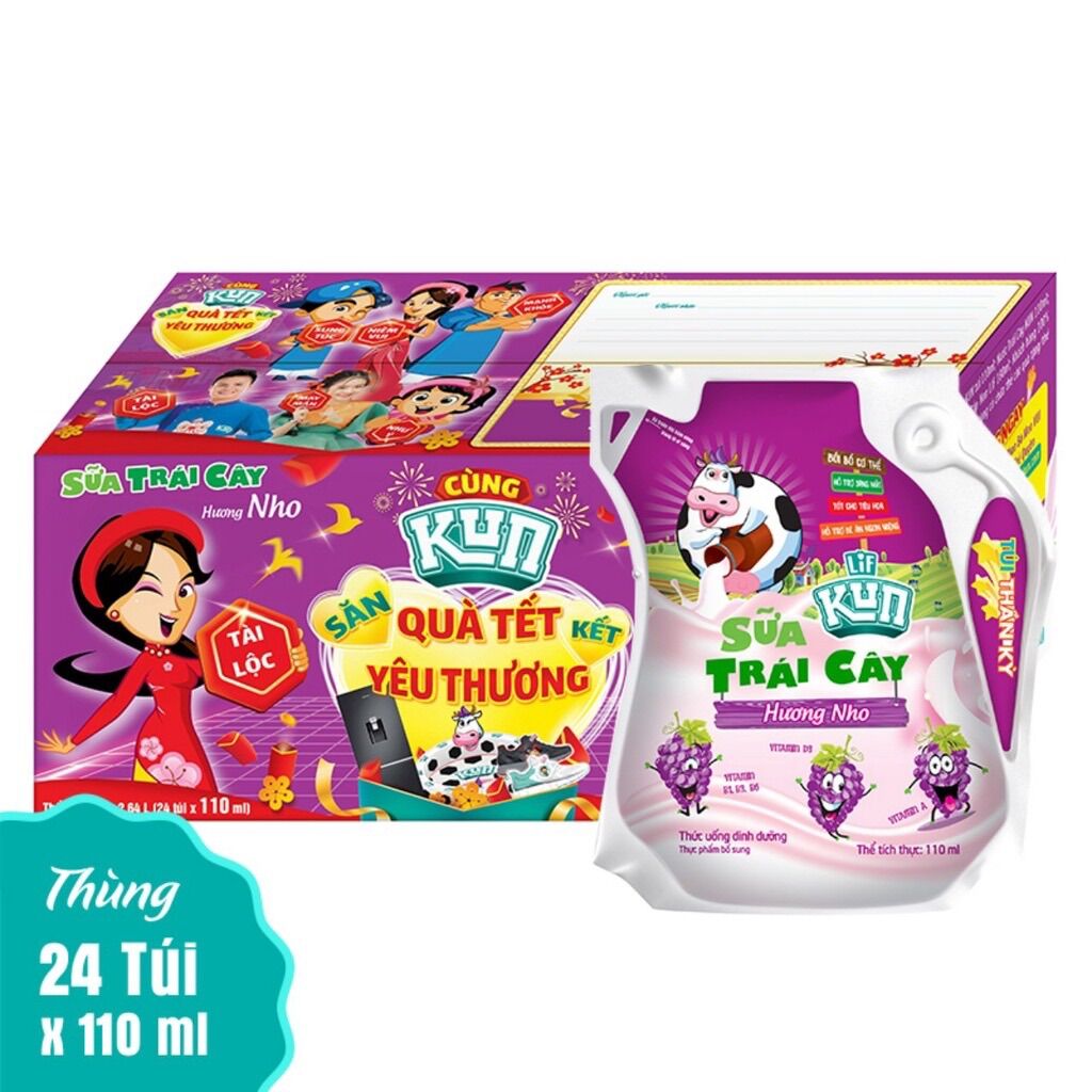 THÙNG 24 TÚI SỮA KUN 110ML HƯƠNG NHO (24 túi x 110ml)