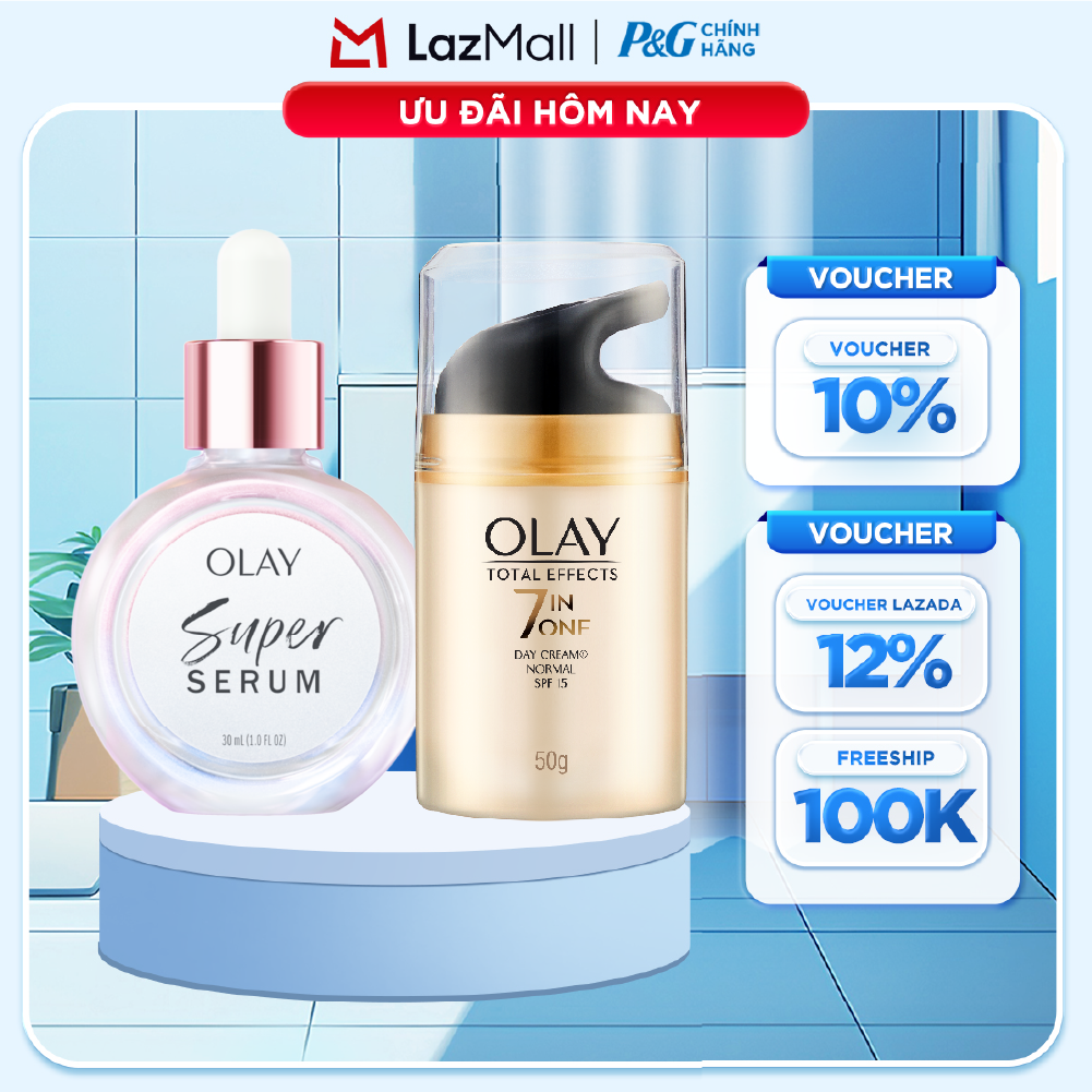 Combo 2 SUPER SERUM OLAY SỨC MẠNH TỪ 5 DƯỠNG CHẤT TRONG 1 - Chai 30ML Và Kem Dưỡng Ẩm OLAY TOTAL EFFECTS Ban Ngày 50G