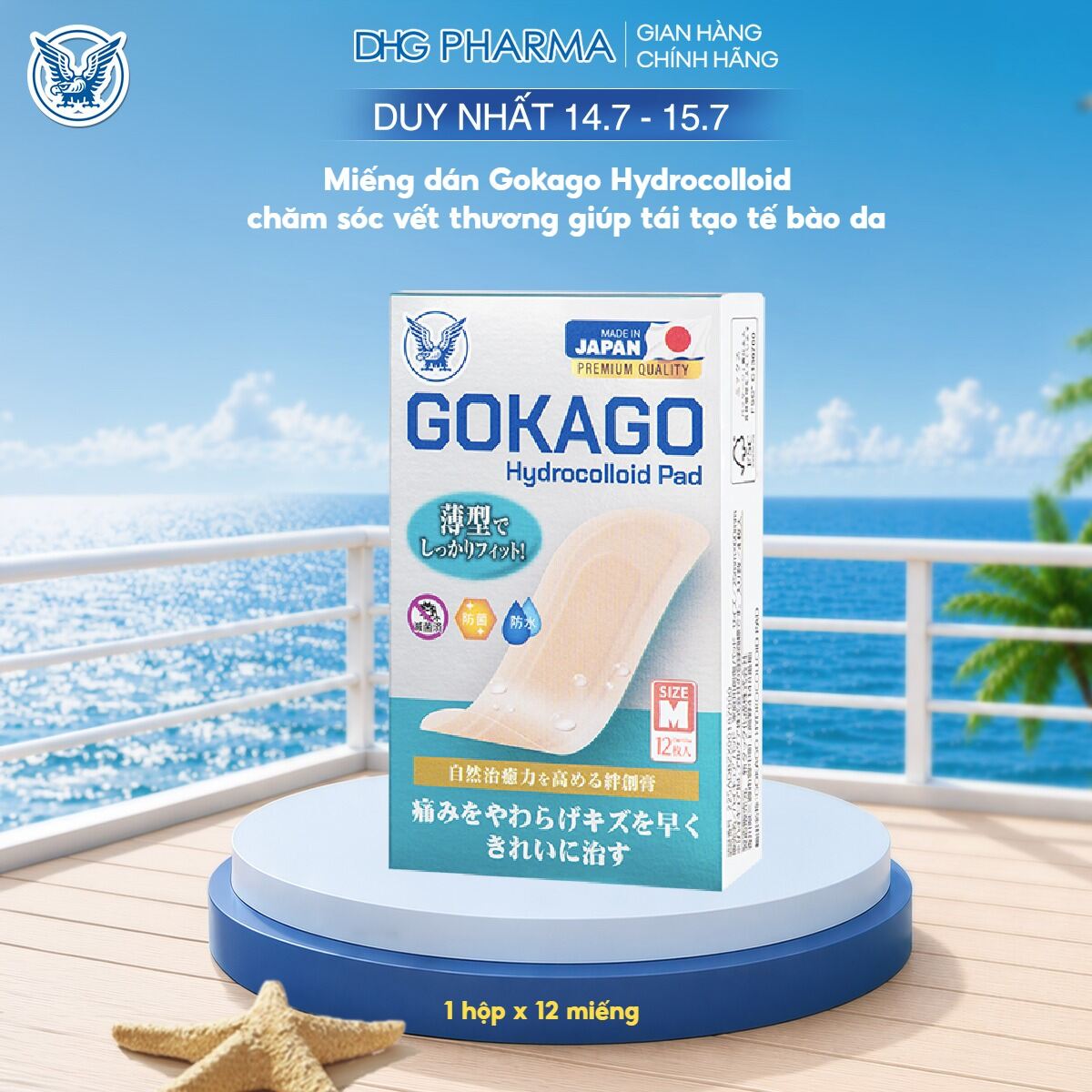Miếng dán Gokago Hydrocolloid chăm sóc vết thương giúp tái tạo tế bào da, 1 hộp 12 miếng, size M