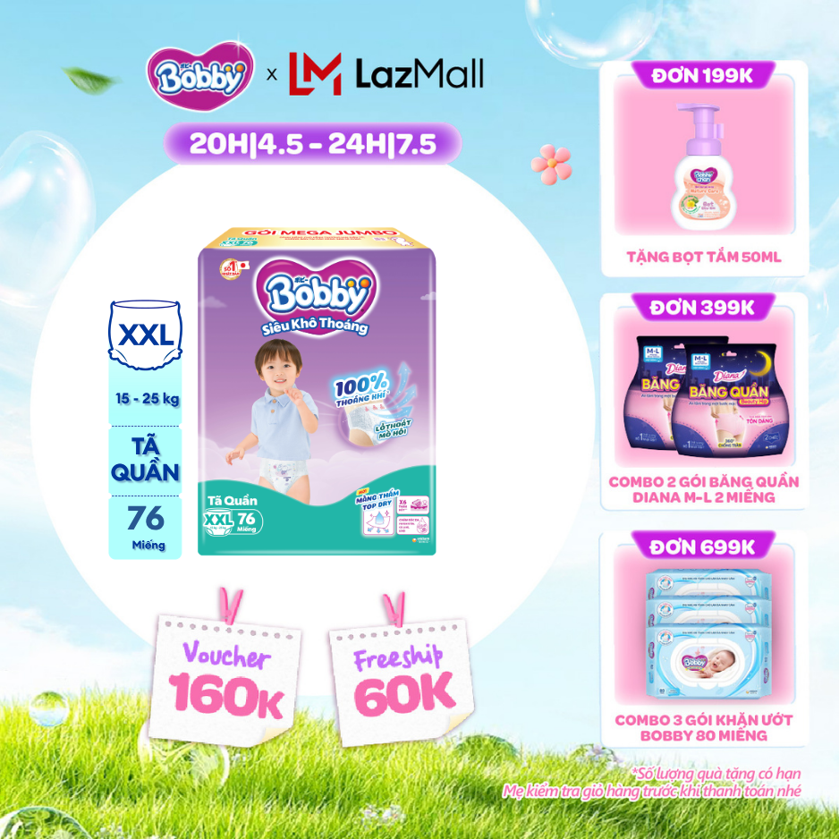 [CHỈ 20h 04-07.05 QT Đơn 899K/1199K]Tã/bỉm quần Bobby 3mm Mega Jumbo Gạo non Giảm nhiệt XXL76 [Bao bì thay đổi theo từng đợt nhập hàng]