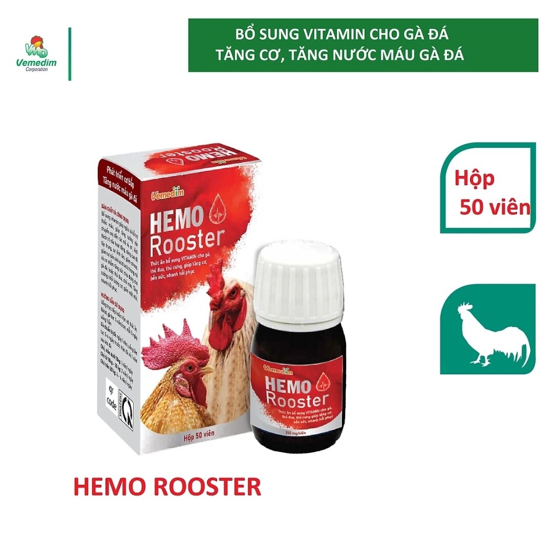 Hemo rooster bổ sung vitamin cho gà đá,thú đua,thú cưng giúp tăng cơ bền sức nhanh phục hồi Vemedim hộp 50v nén