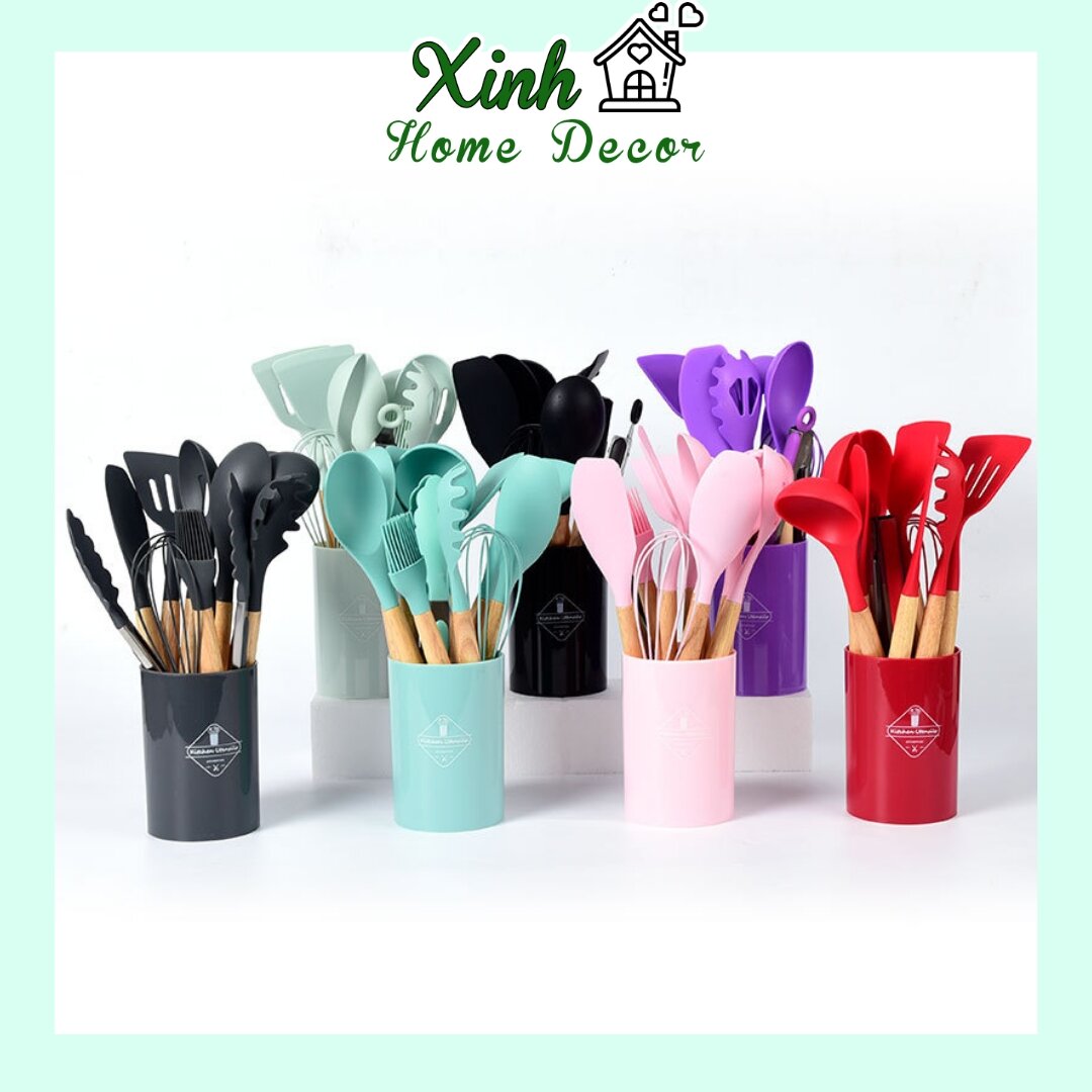 Bộ dụng cụ nhà bếp silicone cán gỗ kèm hộp nhựa 11 món, Xinh Home Decor, kitchenware, kitchen utensil