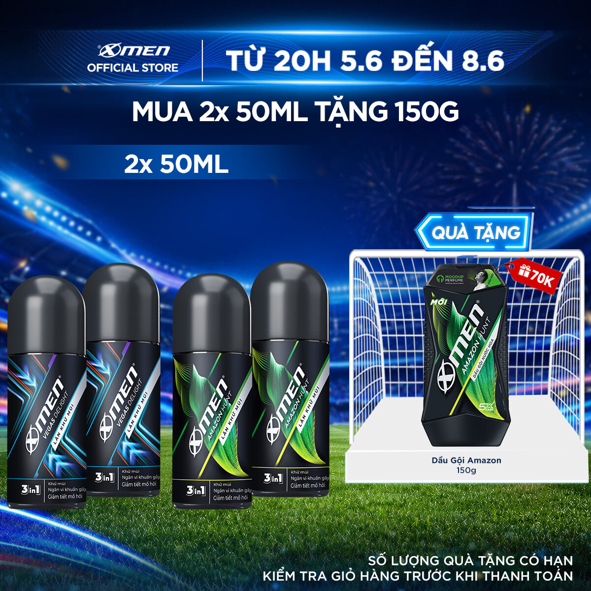 [COMBO MUA 2 TẶNG 1] Combo 2 Lăn khử mùi Xmen Amazon Hunt/Vegas Delight 50ml/chai + Tặng 1 Lăn khử mùi Amazon/Vegas 50ml
