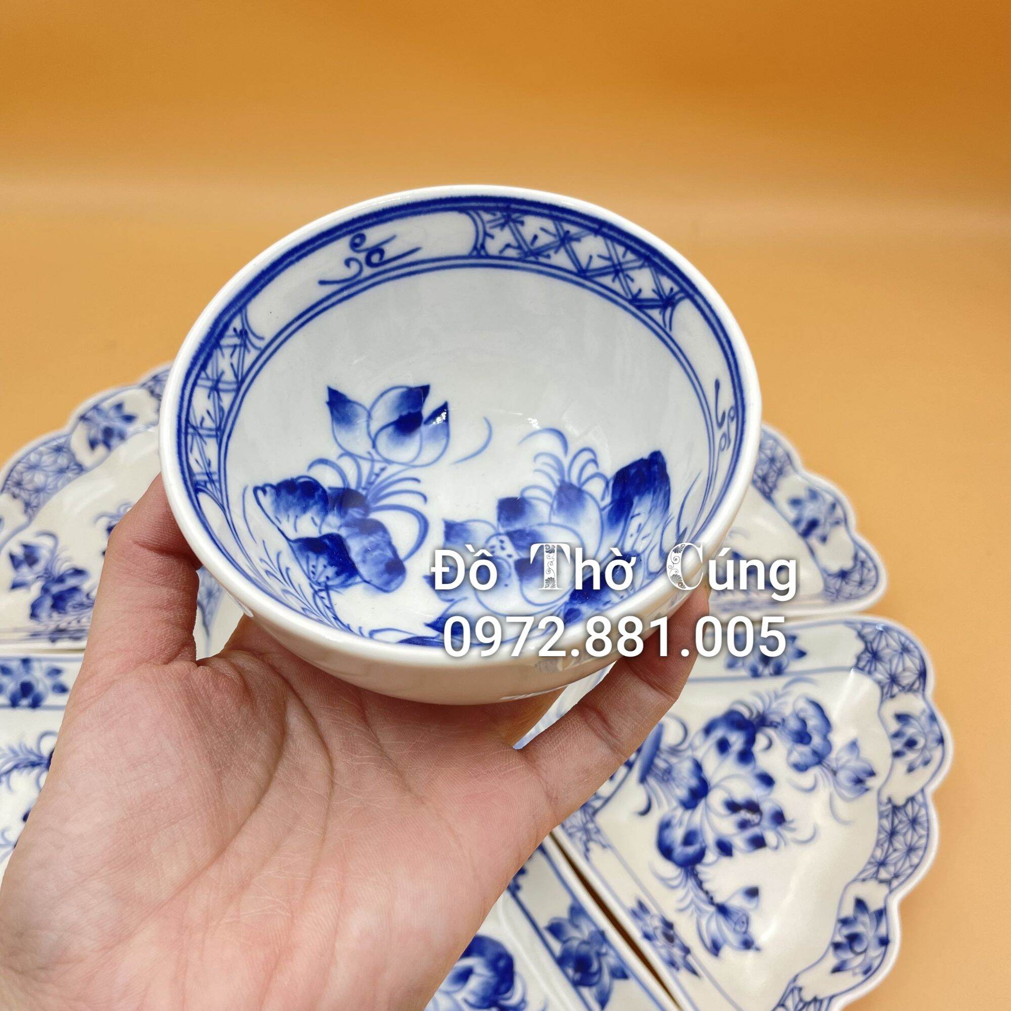 Bộ bát đĩa/Bộ đồ ăn vẽ hoa sen men cổ