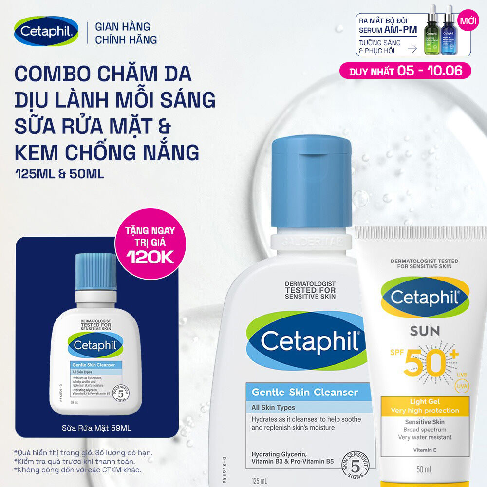Bộ Sữa rửa mặt CETAPHIL GENTLE SKIN CLEANSER 125ML  Gel chống nắng dịu lành CETAPHIL SUN SPF 50+ LIGHT GEL 50ML