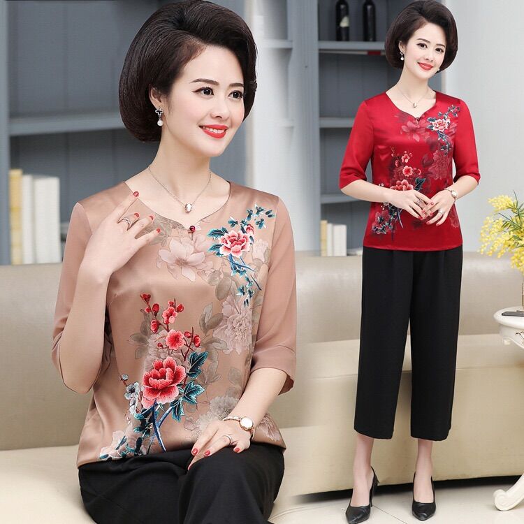 Áo sơ mi voan lụa 3D trung niên nữ_ áo trung niên in hoa cho bà cho mẹ