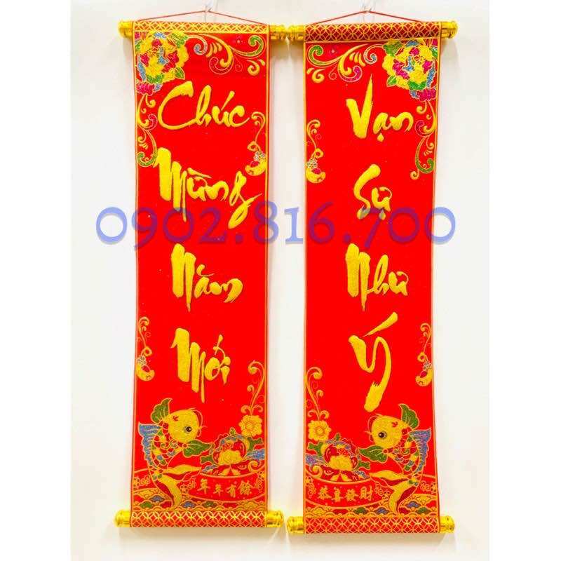 Câu đối nhung treo trang trí tết chủ đề chúc tết khổ 7 tấc