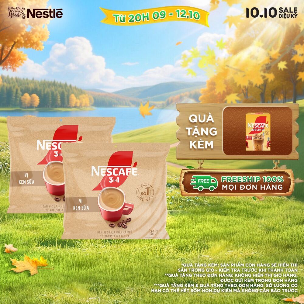 [ƯU ĐÃI THÁNG 10] Combo 2 bịch Cà phê hòa tan NESCAFÉ 3IN1 VỊ KEM SỮA Bịch 24 gói ĐẬM VỊ SỮA, CHUẨN CÀ PHÊ