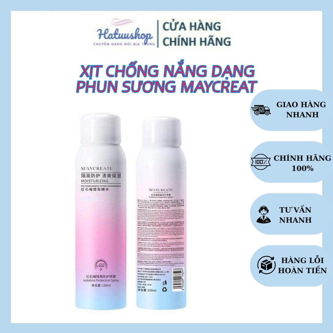 Xịt Chống Nắng Maycreat Dạng Phun Sương Giúp Chống Nắng Làm Sáng Da