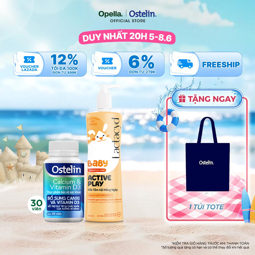 Ostelin Viên Uống Hỗ Trợ Bổ Sung Calcium  Vitamin D3 30 viên + Sữa Tắm Gội Hằng Ngày Cho Bé Lactacyd Baby Active Play 500ml