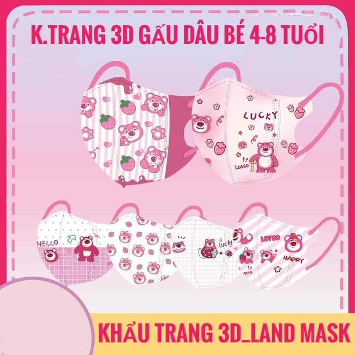 Set 10 Chiếc Khẩu Trang 3D In Hình Gấu Dâu Dễ Thương Dành Cho Bé 48 Tuổi và Người Lớn