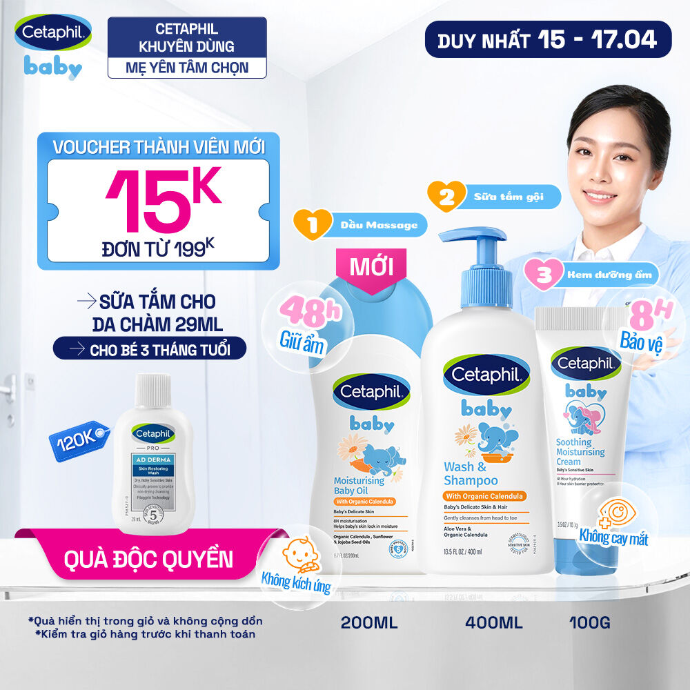 Combo Sữa tắm gội CETAPHIL BABY CALENDULA 400ML  Dầu massage dưỡng ẩm Baby Oil 200ml  Kem dưỡng ẩm Moisturising tuýp 100g
