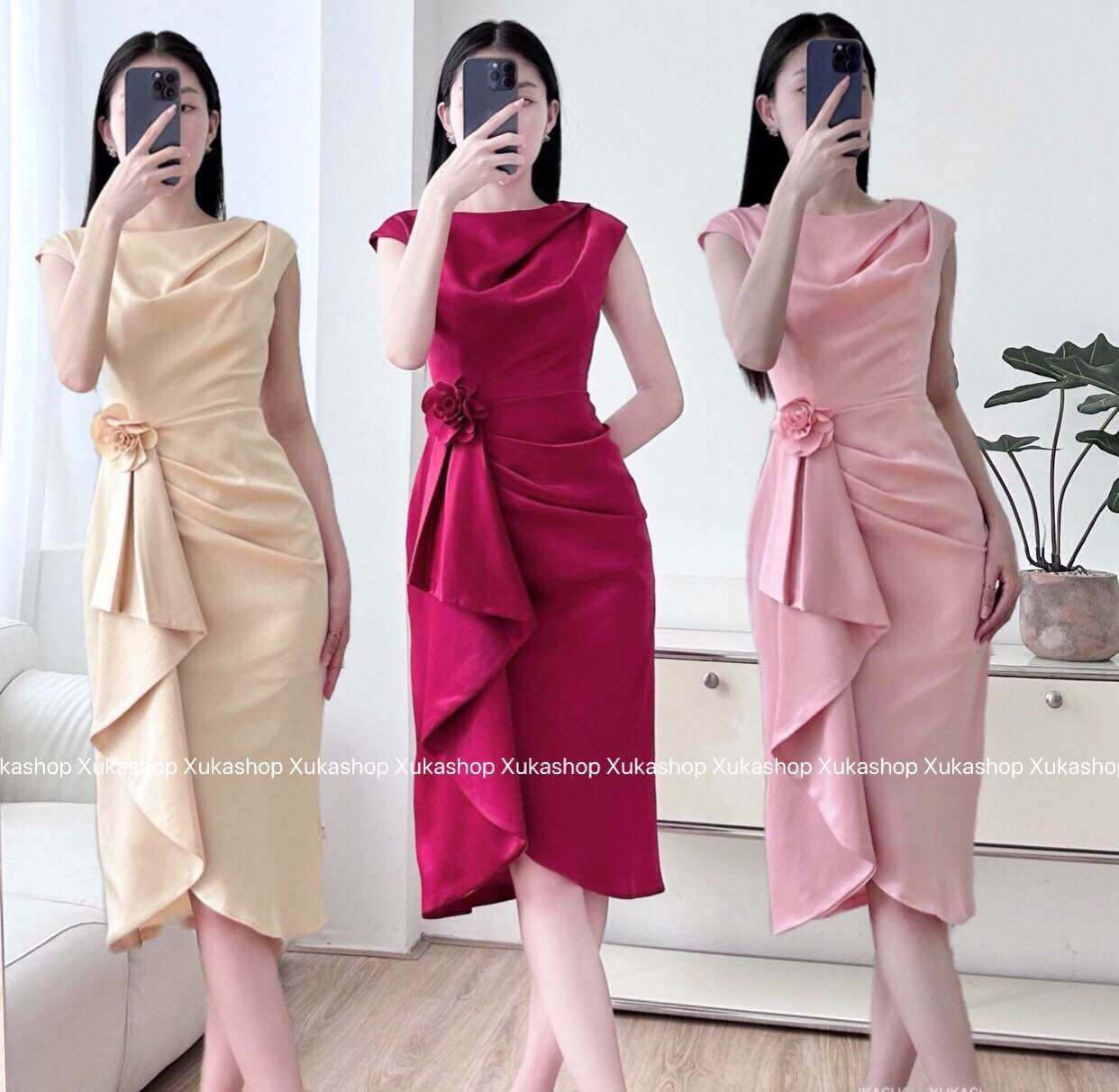 Đầm dự tiệc chất lụa xếp ly xẻ tà phối bèo sang chảnh