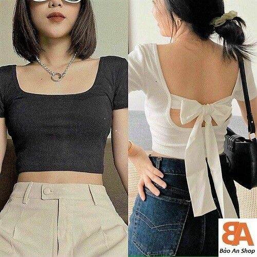 [HCM]Áo croptop cổ vuông tay ngắn cột dây lưng dành cho nữ Free Size dưới 53kg chất thun