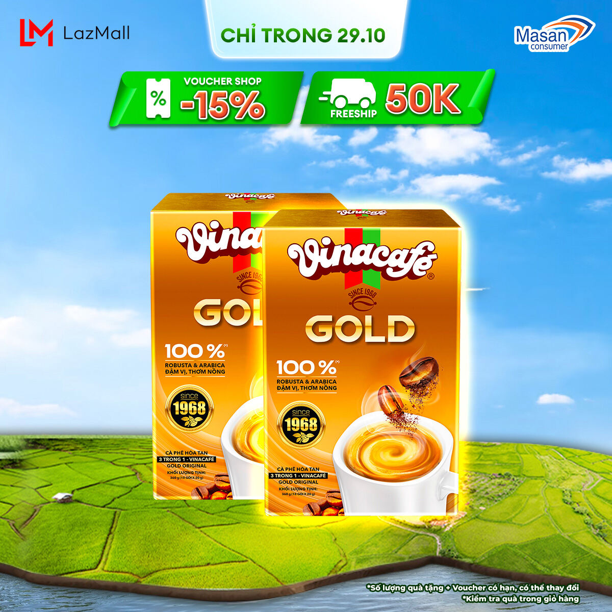 [CHỈ TRONG 25-29.10 VOUCHER 7% CHO ĐƠN TỪ 99K] Combo 2 Hộp 18 gói x 20gr Cà Phê Vinacafé 3in1 Gold Original