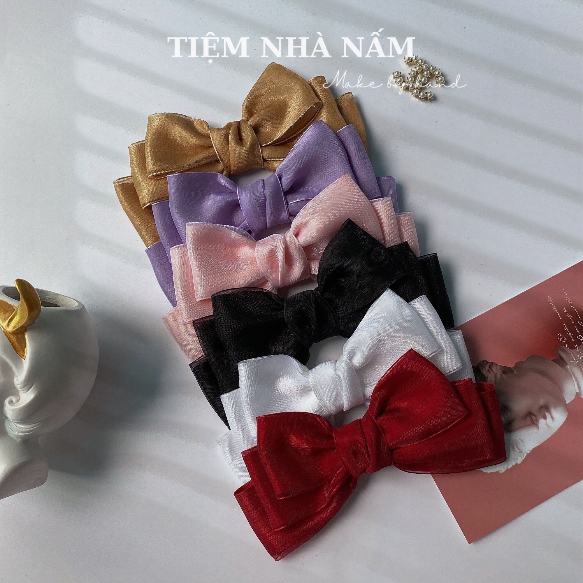 🎀 KẸP TÓC NƠ TO SATIN PHỐI VOAN HÀN QUỐC - [ Nhà Nấm handmade]