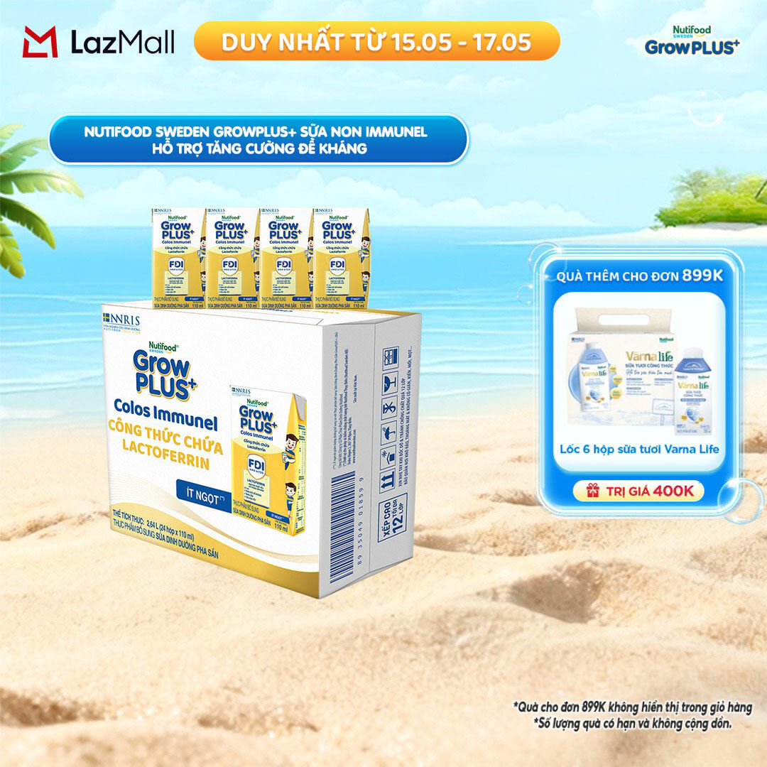 Thùng 24 Hộp Sữa Bột Pha Sẵn Nutifood Sweden GrowPLUS+ Sữa Non Immunel hộp 110 ml (Bao bì tuỳ lô hàng)