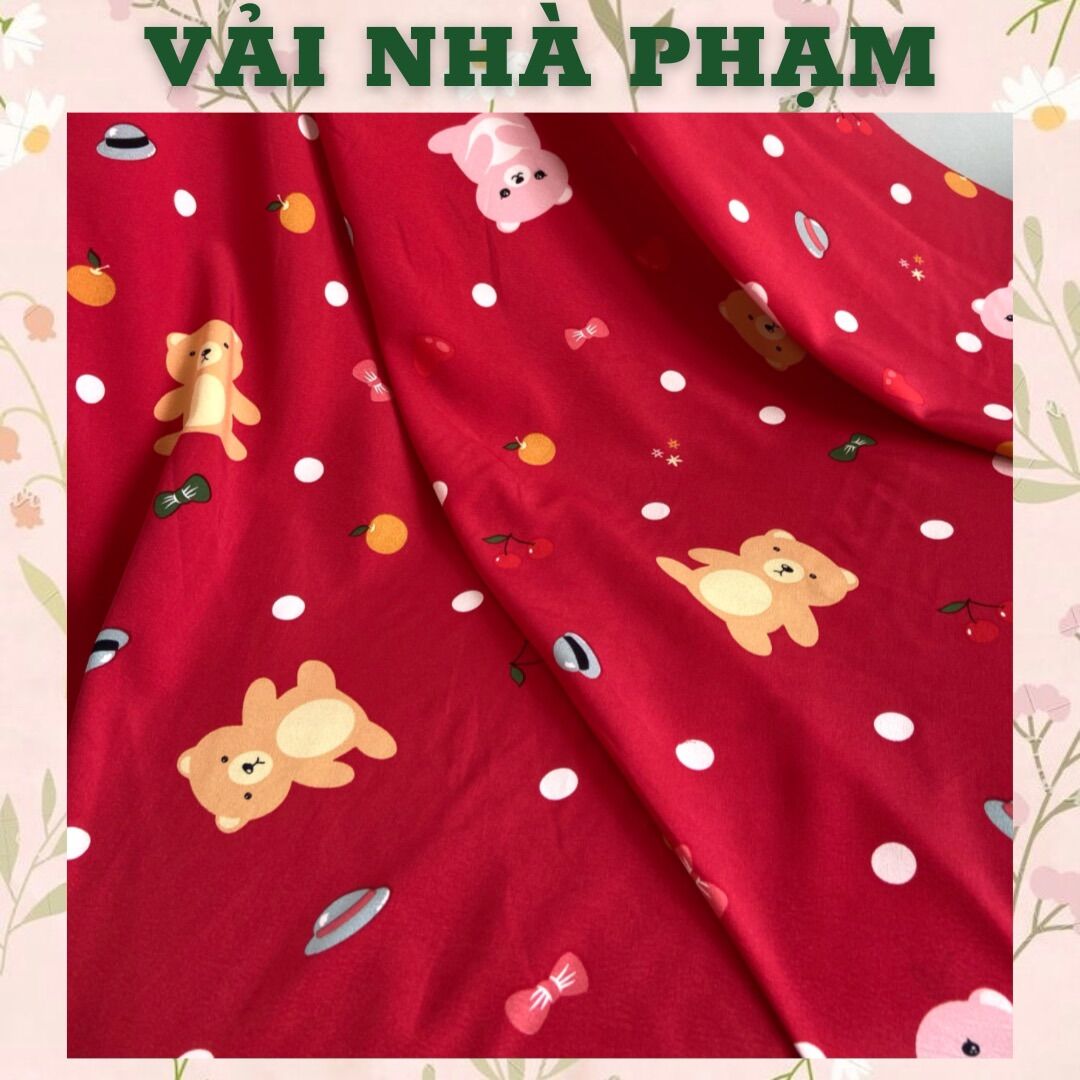 Lụa 100d hoạ tiết gấu nền đỏ huyết - khổ 1.5m - vải nhà phạm