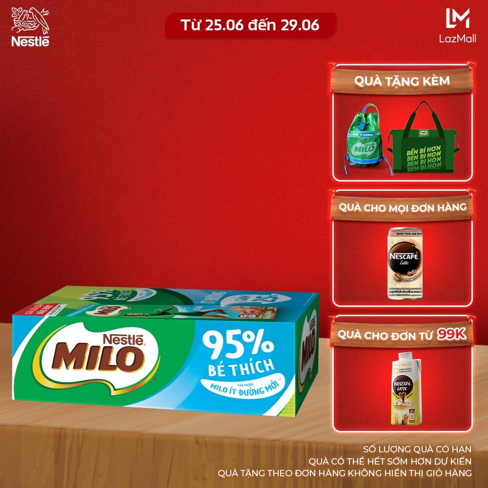[QUÀ TẶNG THÁNG 06 - Mua 1 tặng 1 Túi rút hoặc Túi du lịch bền bỉ] [FREESHIP HCM & HN] Sữa lúa mạch Nestlé® MILO® ít đường thùng 48 hộp x 180ml (12x4x180ml)