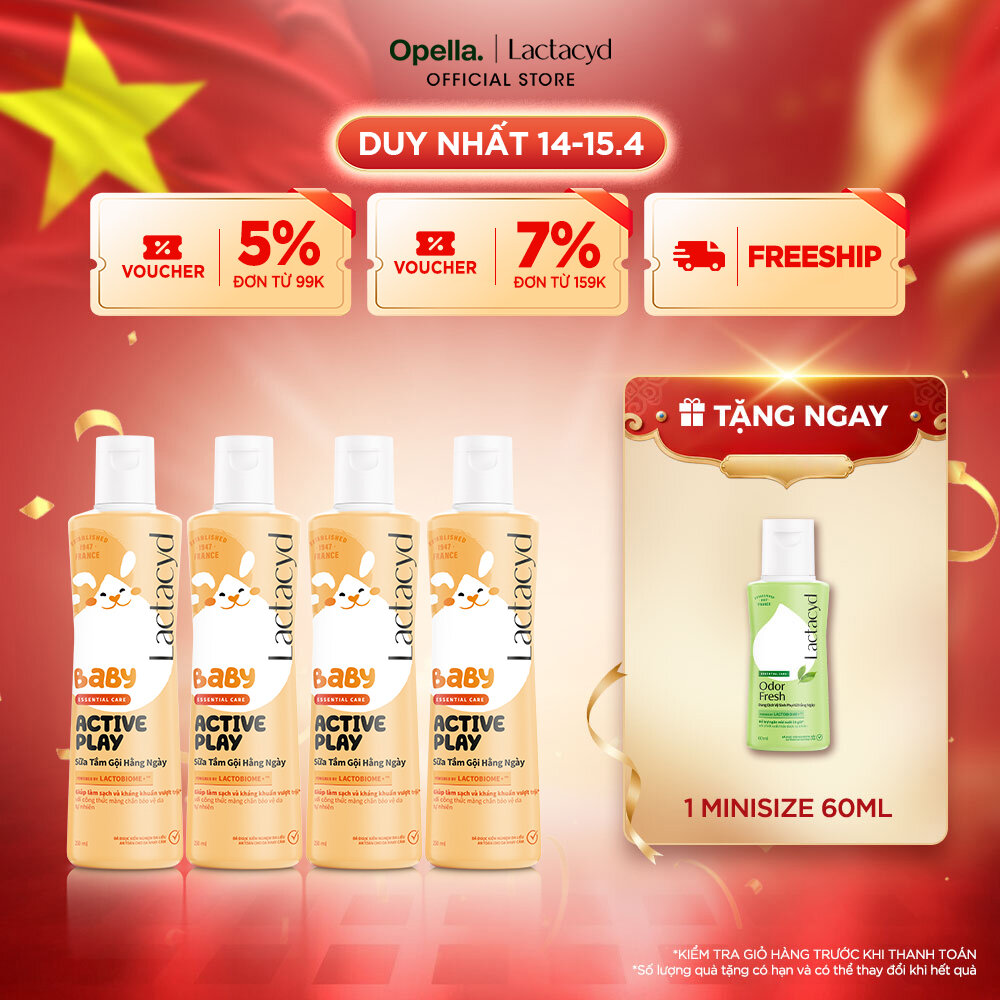 Bộ 4 Sữa Tắm Gội Hằng Ngày Cho Bé Lactacyd Baby Active Play, Giúp Đề Kháng Da Và Bảo Vệ Bé Khỏi Vi Khuẩn 250ml