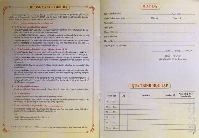 Học bạ tiểu học thông tư 27/2020
