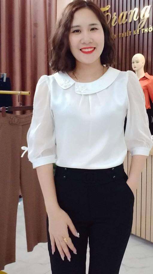 áo kiểu công sở cổ lá sen cách điệu đính cườm