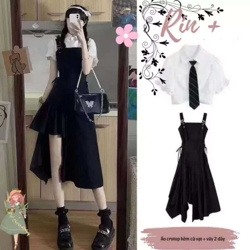 Set váy yếm kèm áo sơ mi crotop & cà vạt có bigsize
